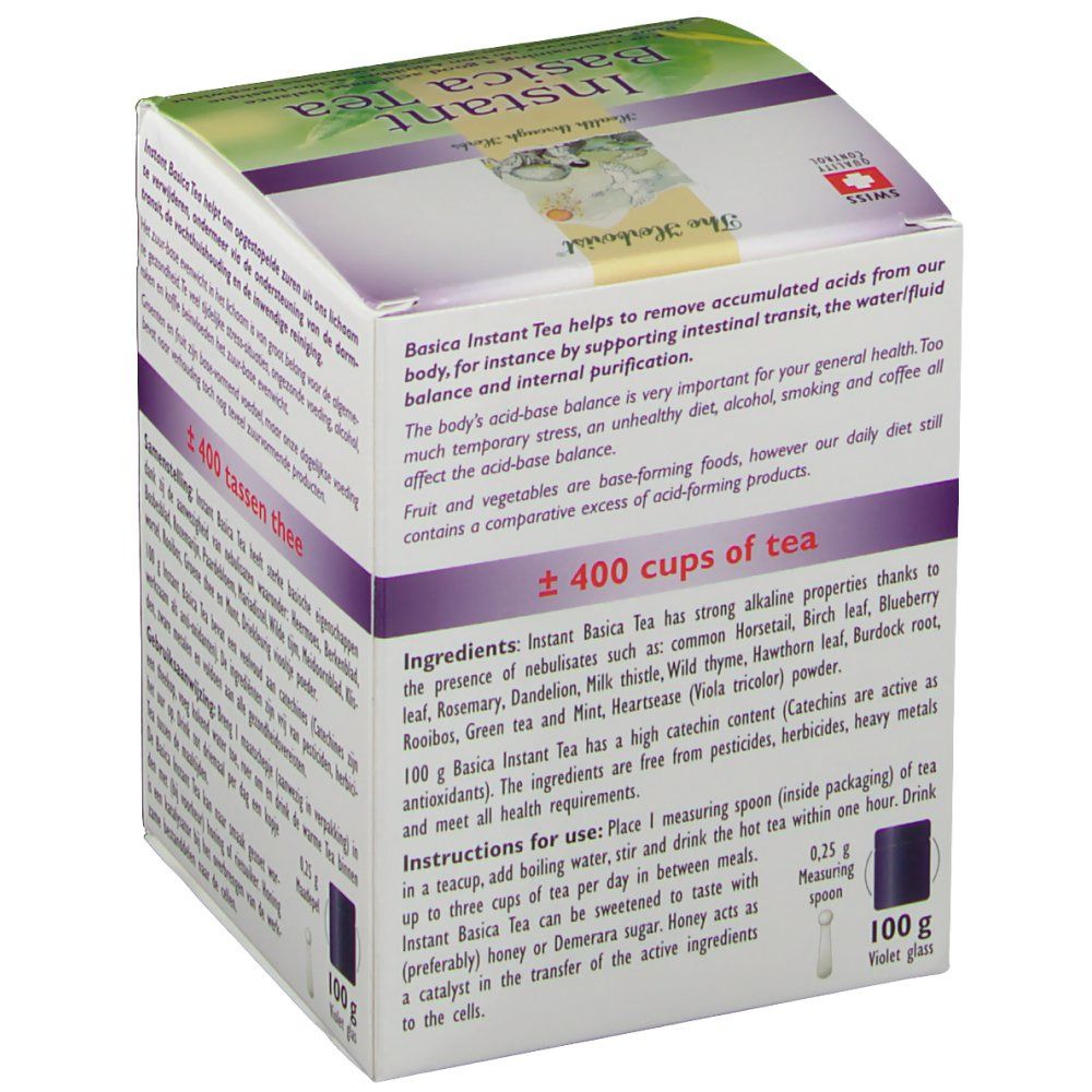 Boîte de thé Instant Basica. Inscription: Instant Basica Tea, Health through Herbs. 100g. ±400 tasses de thé. Cuillère doseuse.