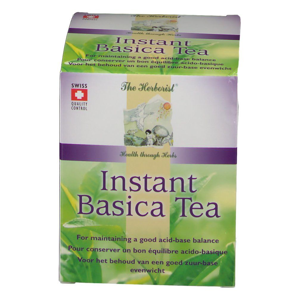 Boîte de thé Instant Basica. Contrôle qualité suisse. Inscription: Instant Basica Tea, Health through Herbs.