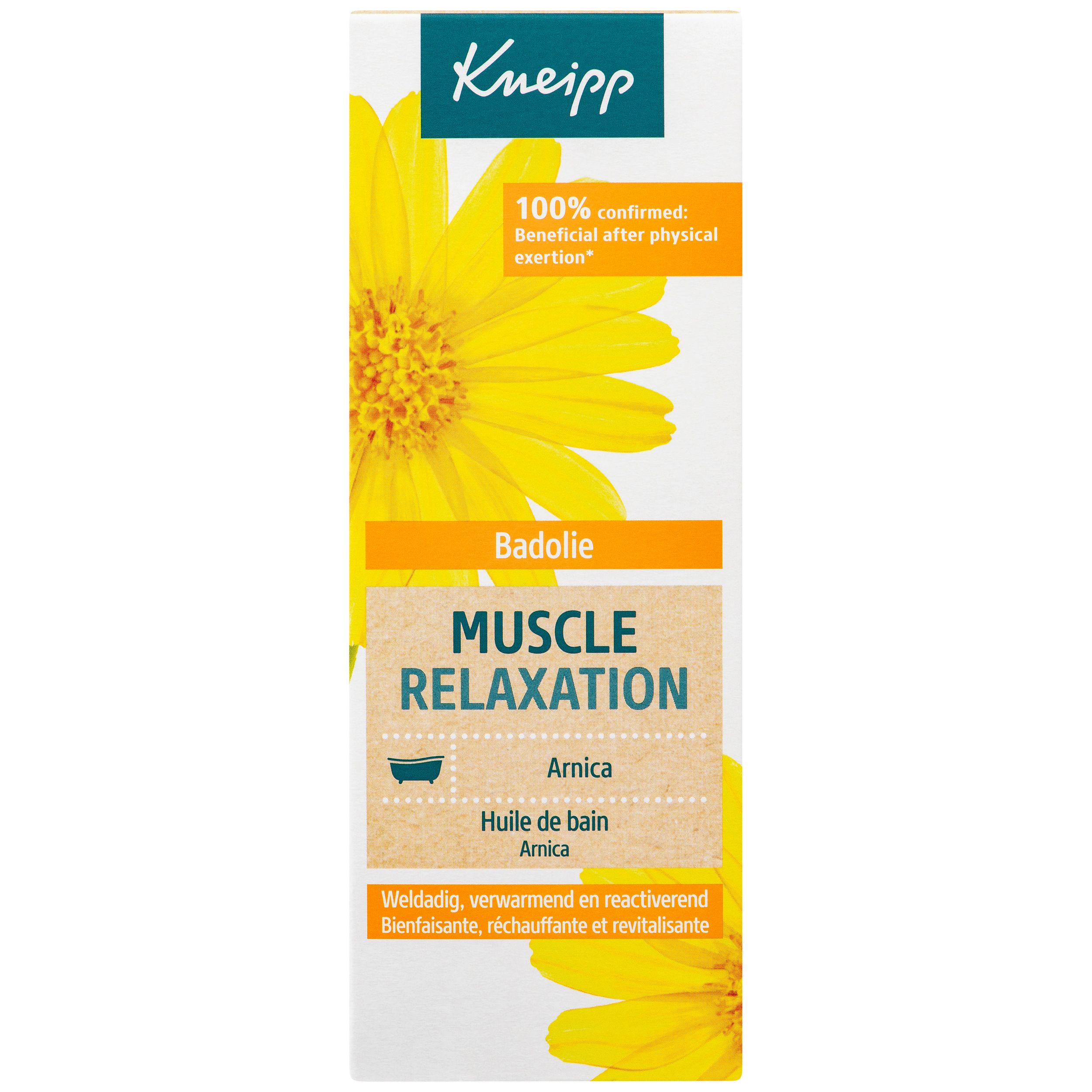 Emballage de l'huile de bain Kneipp Muscle Relaxation. Carton avec fleurs jaunes. Inscription : Muscle Relaxation.