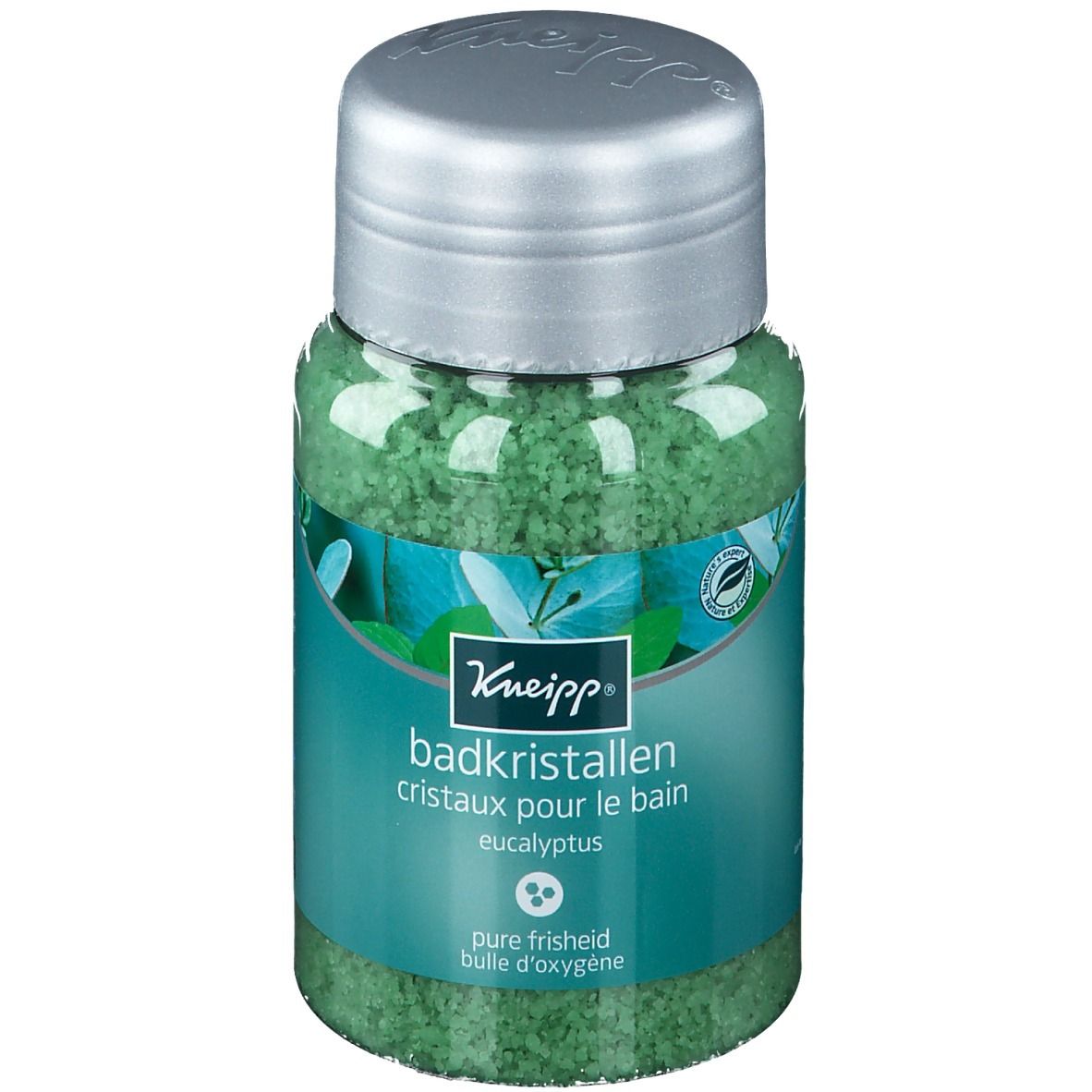 Cristaux de bain Kneipp Eucaliptus en pot. Cristaux verts, couvercle argenté. Inscription: Badkristallen, Eucaliptus, pure frisheid.