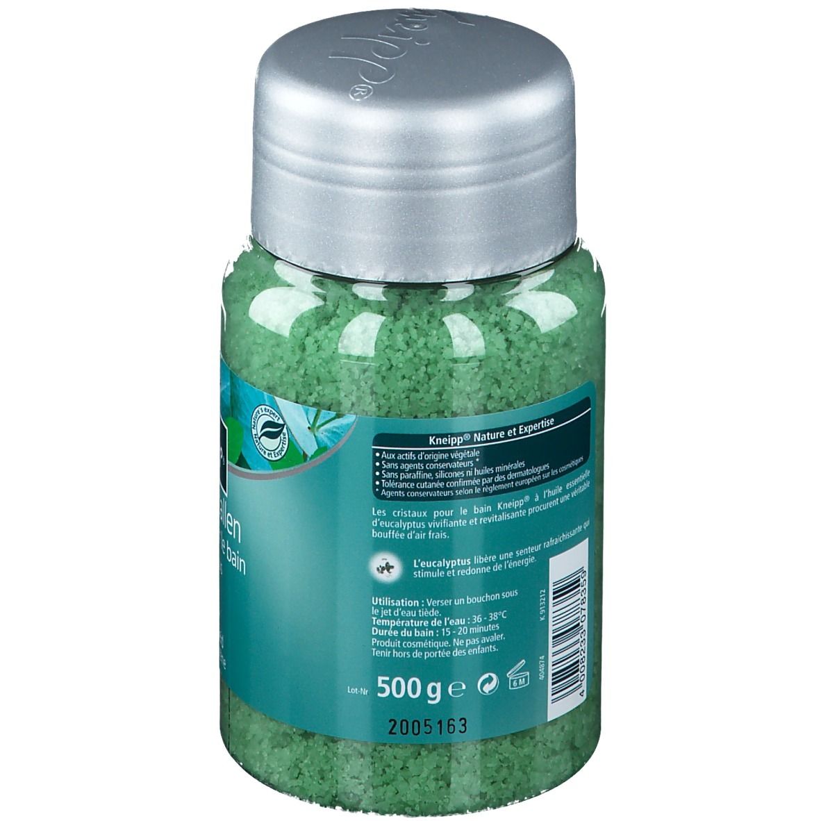Dos du pot de cristaux de bain Kneipp Eucaliptus. Texte: Nature et Expert, 500g, ingrédients, mode d'emploi. Fond vert.