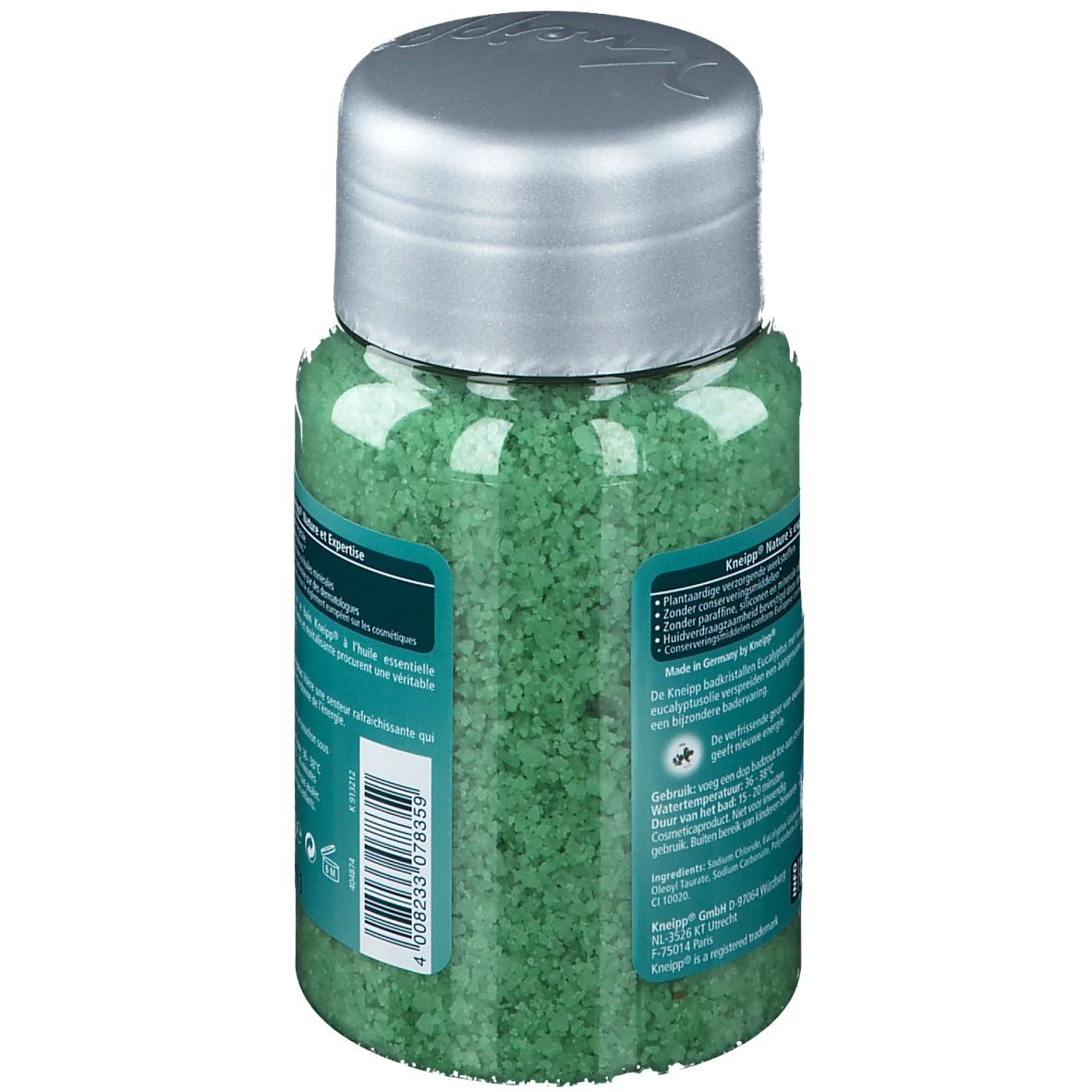 Dos du pot de cristaux de bain Kneipp Eucaliptus. Texte: Nature et Expert, ingrédients, mode d'emploi. Fond vert, code-barres.