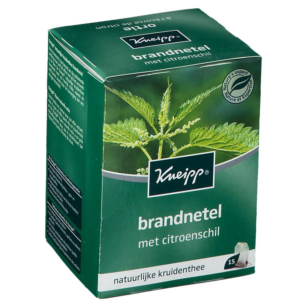 Boîte verte Kneipp avec logo et inscription "Brandnetel met citroenschil". Image d'ortie. 15 sachets de thé.