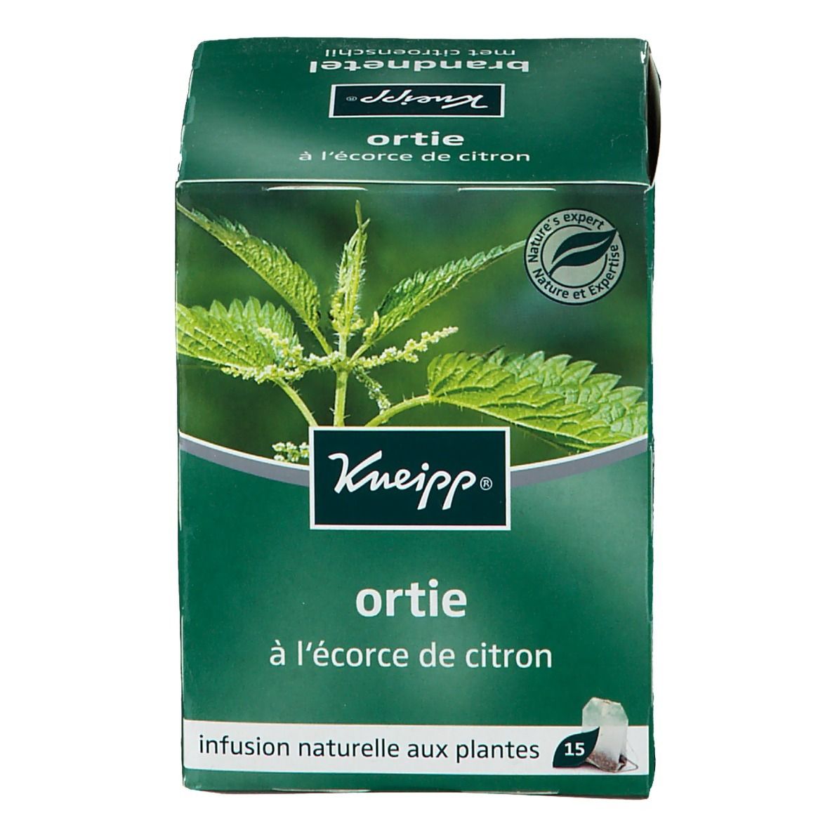 Boîte verte Kneipp avec logo et inscription "Ortie à l'écorce de citron". Image d'ortie. 15 sachets de thé.