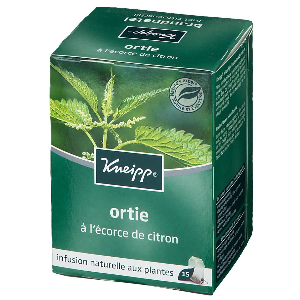 Boîte verte Kneipp avec logo et inscription "Ortie à l'écorce de citron". Image d'ortie. 15 sachets de thé.