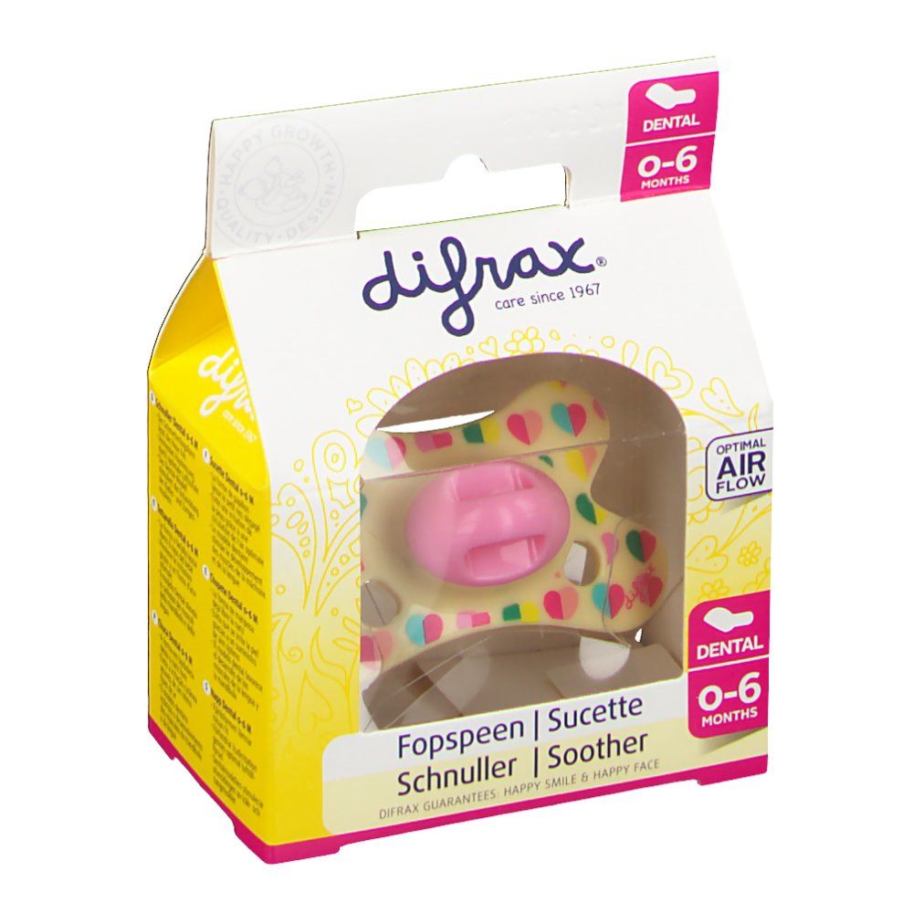 Emballage de sucette. Motif jaune et blanc avec coeurs. Fenêtre montrant la sucette. Texte: difrax®, 0-6 mois.