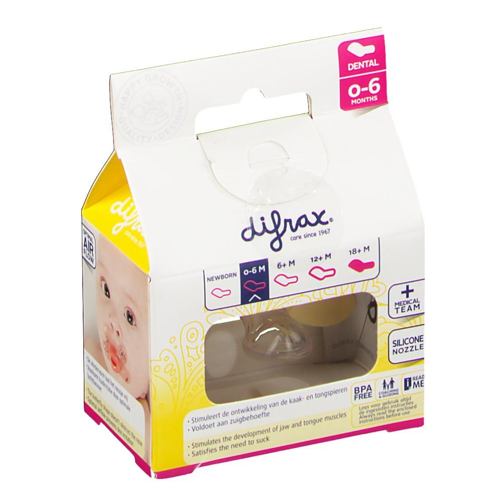 Emballage avec sucette. Visage de bébé dans la fenêtre. Texte: difrax®, 0-6 mois. Tétine en silicone. Sans BPA.