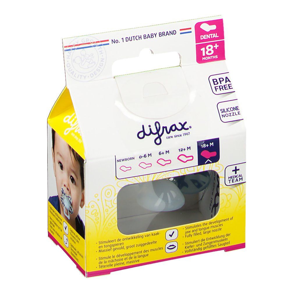 Emballage avec sucette. Logo de la marque et nom du produit. Sans BPA, tétine en silicone. Image de bébé.