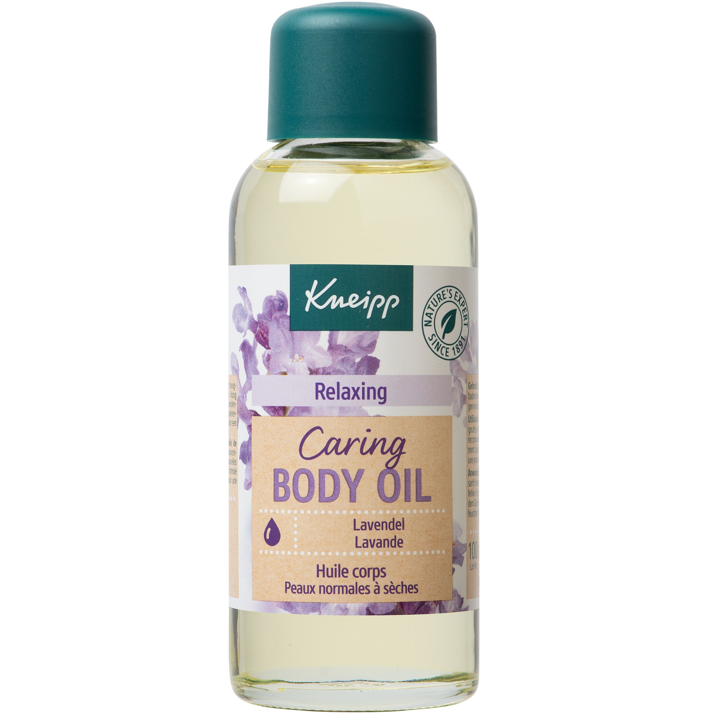 Flacon et emballage d'huile pour le corps Kneipp® Lavande. Flacon avec bouchon vert, emballage avec illustration de lavande.