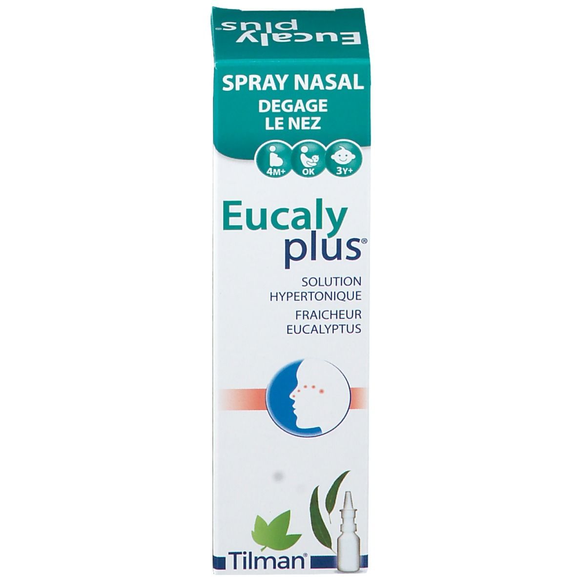 Flacon de spray nasal blanc avec applicateur. Nom et logo du produit sur le flacon.