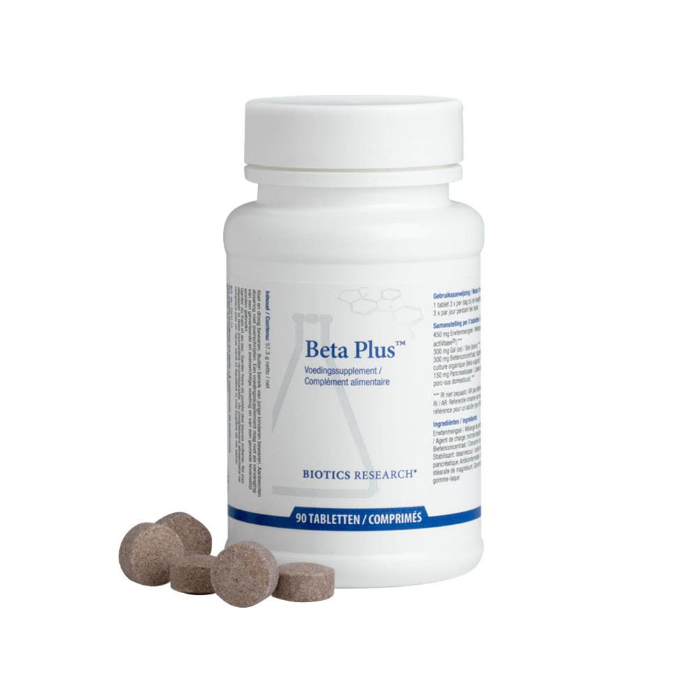 Flacon blanc de Beta Plus Biotics et comprimés à côté. Inscription: 90 comprimés. Bouchon avec inscription.