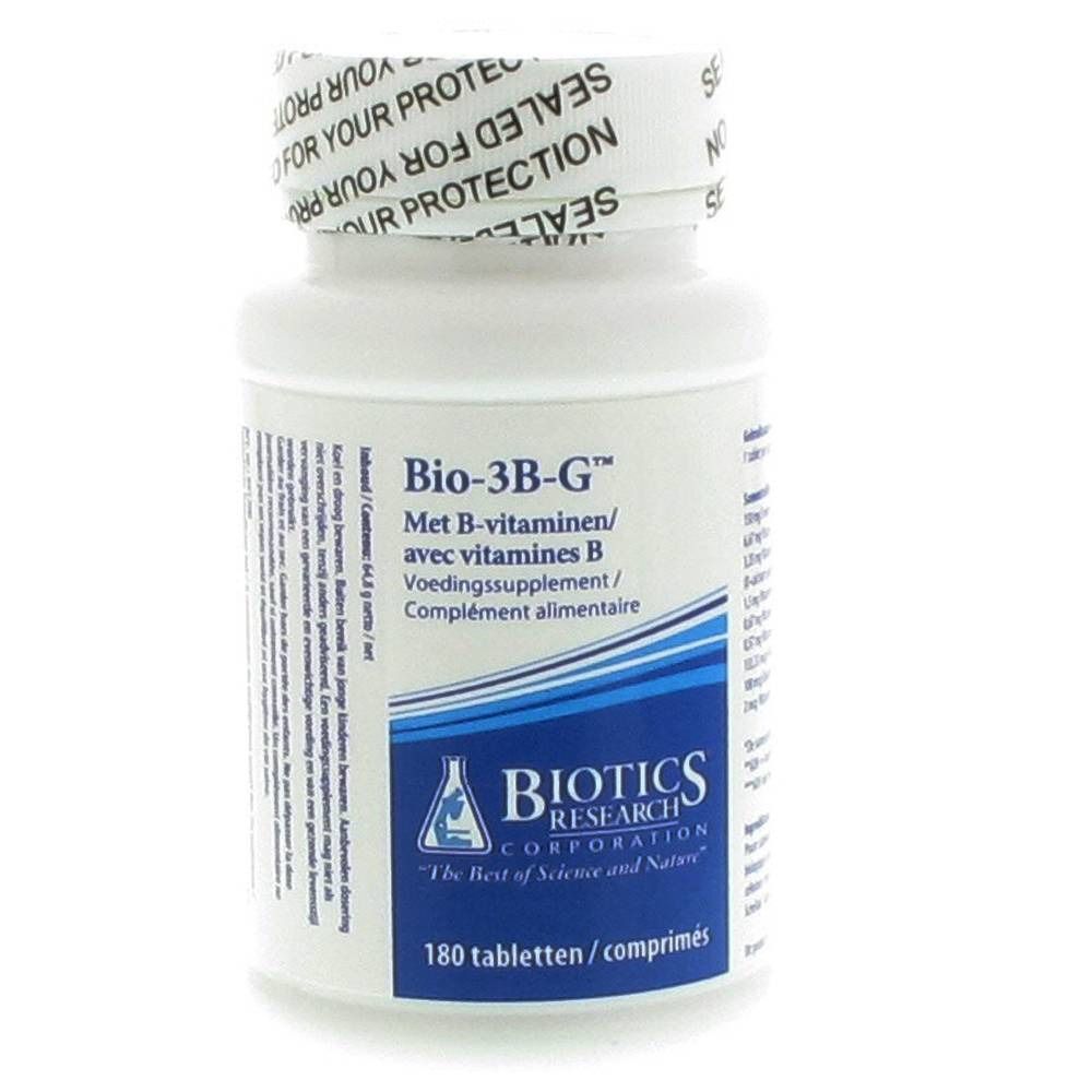 Flacon de comprimés blanc avec texte Bio-3B-G. Contient 180 comprimés. Marque Biotics Research.
