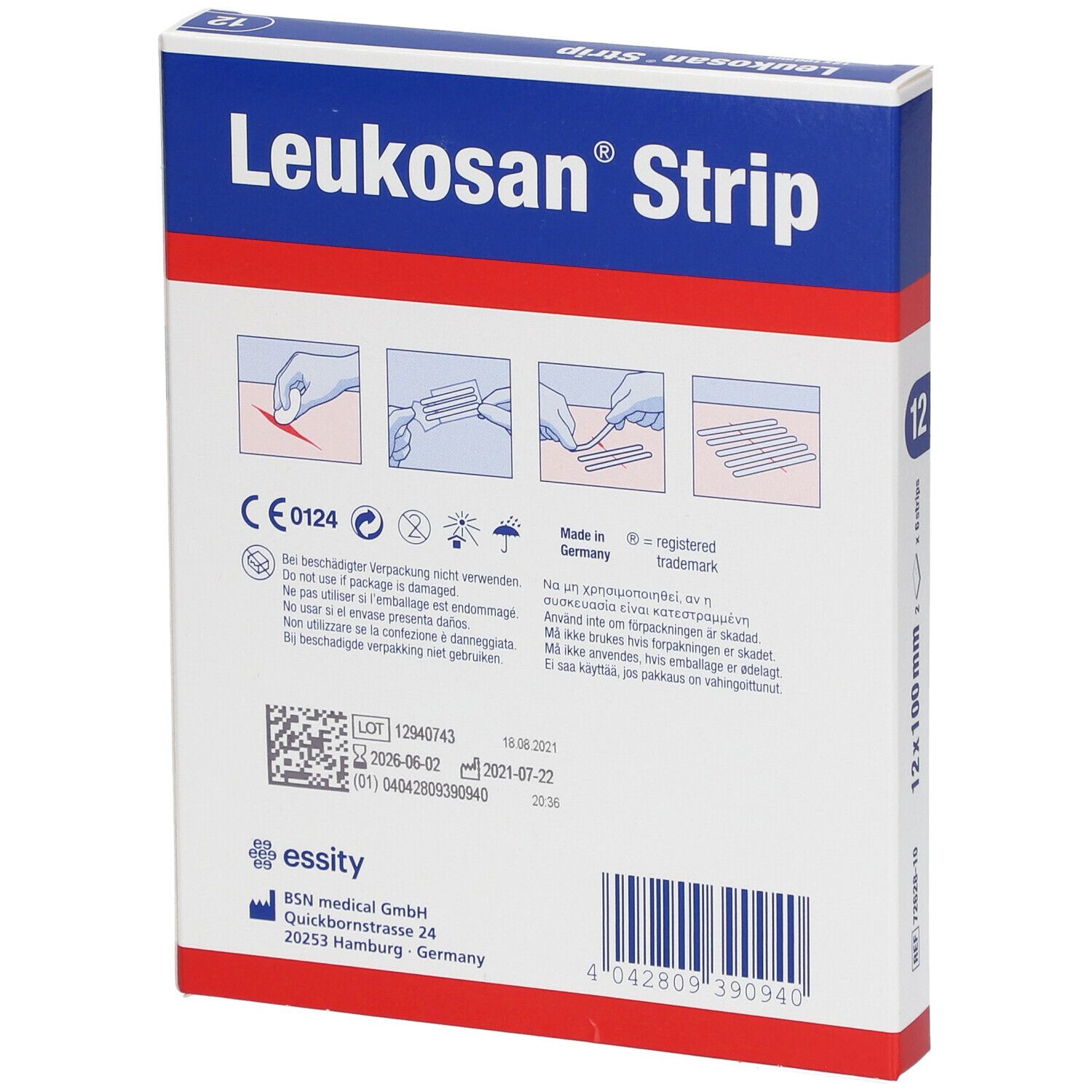 Dos de la boîte Leukosan Strip. Affiche les informations sur le produit, le marquage CE et l'adresse du fabricant.