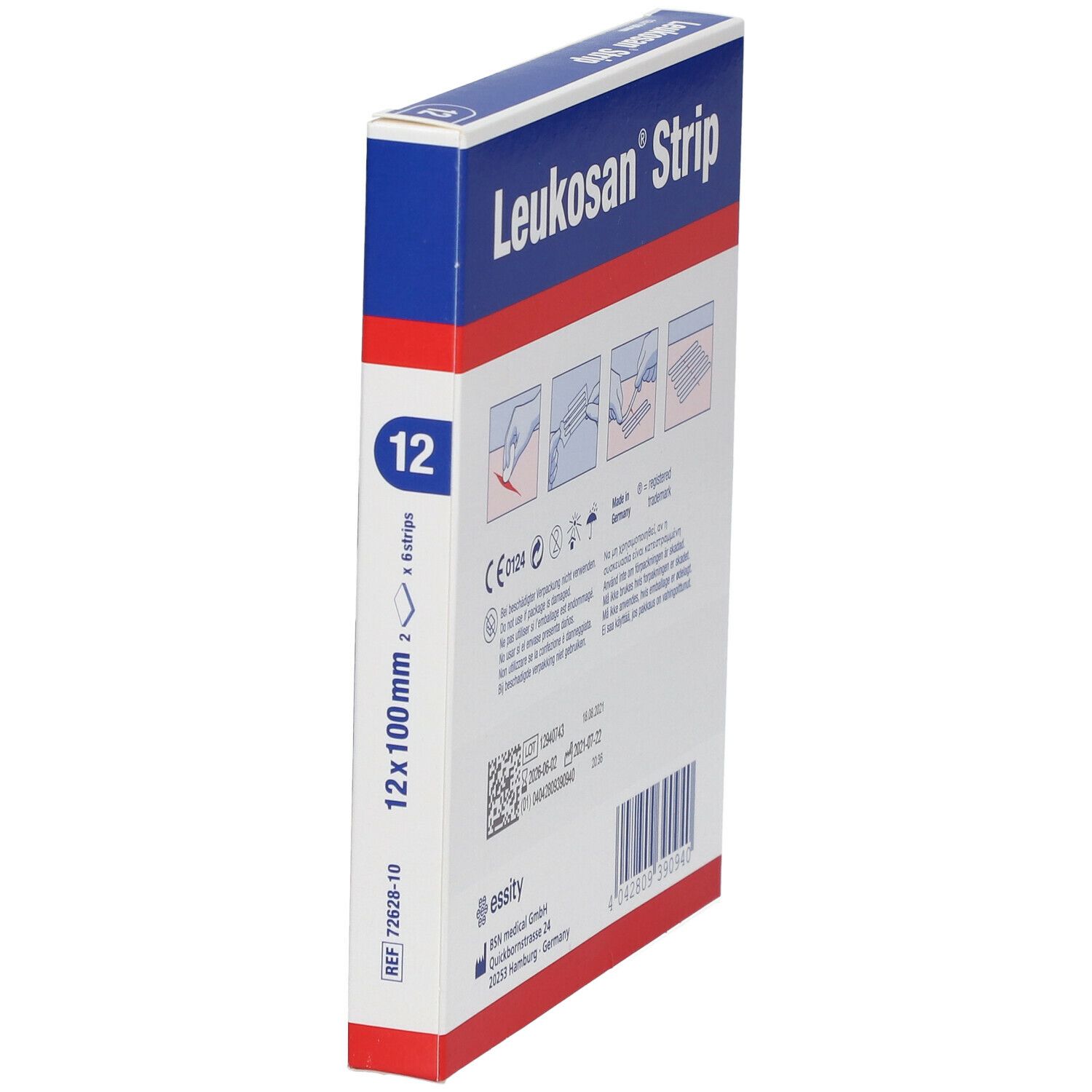 Vue latérale de la boîte Leukosan Strip. Affiche les informations sur le produit et le marquage CE.