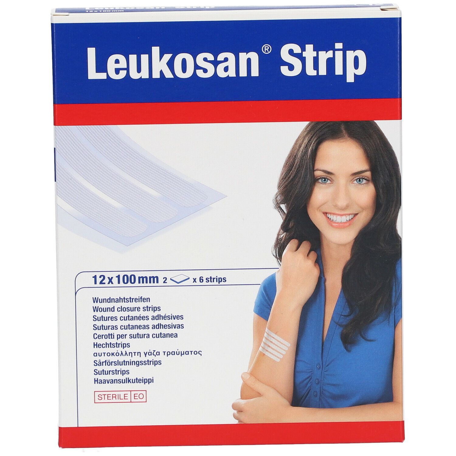 Boîte de Leukosan Strip. Contient 12 sutures adhésives, 12x100mm. Une femme est représentée avec des bandes sur le bras.