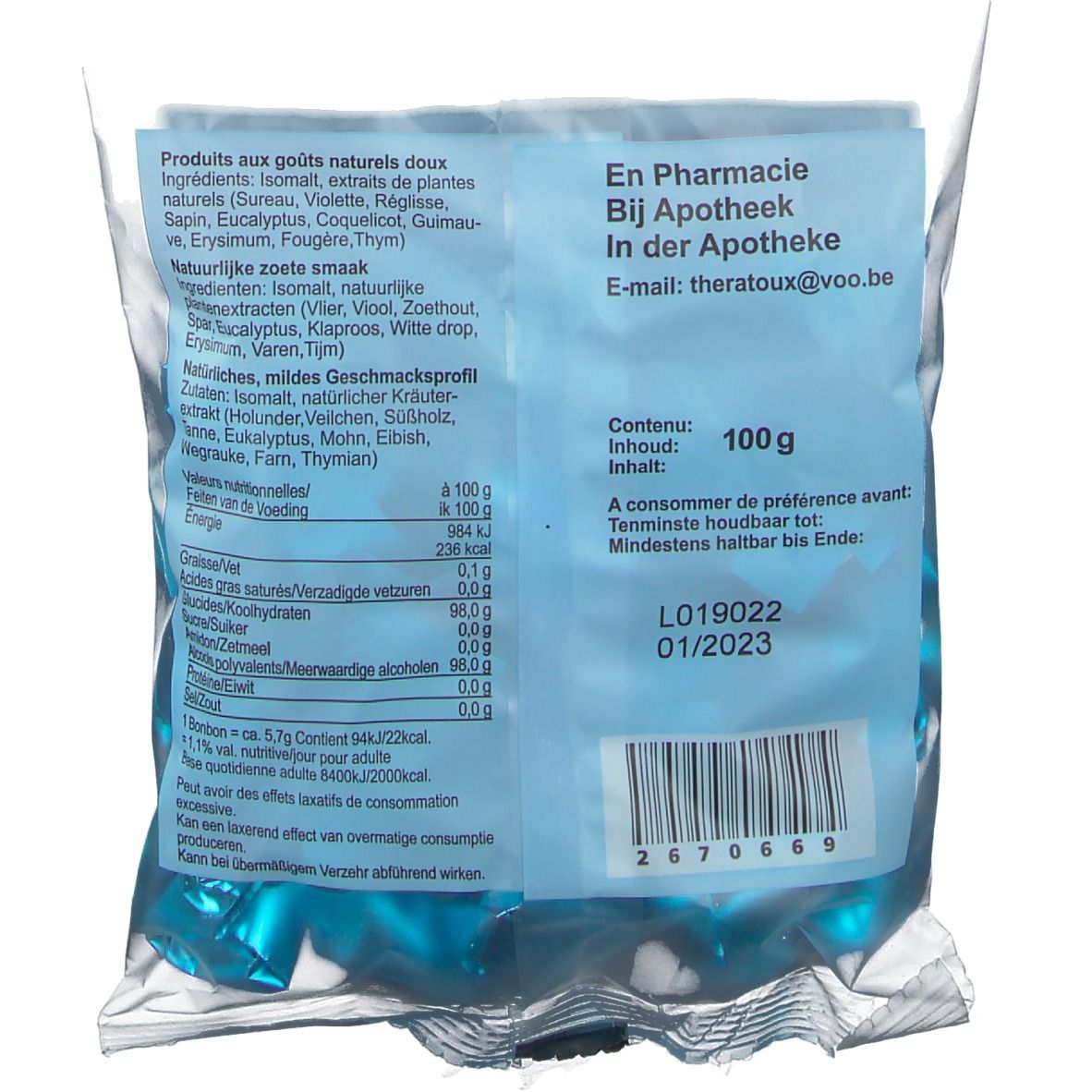 Dos de l'emballage avec informations, tableau nutritionnel et date de péremption. Texte en allemand, français, néerlandais.