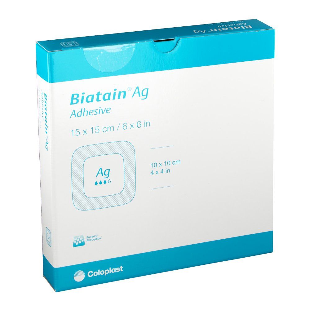 Emballage de Biatain Ag Adhesive. Dimensions 15 x 15 cm. Design carré avec logo et indications de taille.