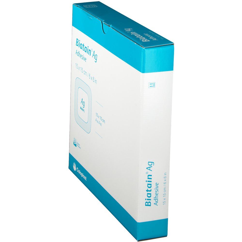 Vue latérale de l'emballage Biatain Ag Adhesive. Couleurs bleu et blanc. Indications de taille visibles.