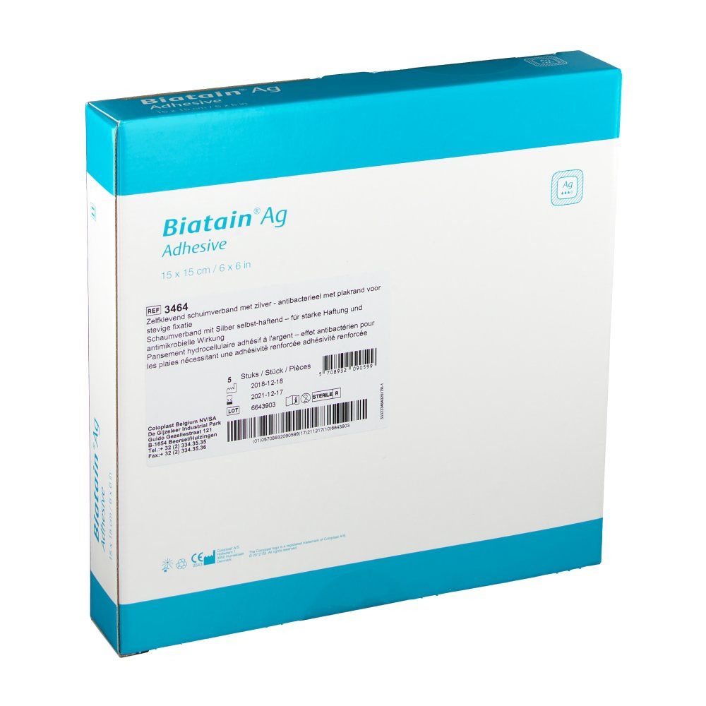 Dos de l'emballage Biatain Ag Adhesive. Informations textuelles et indications de taille visibles.