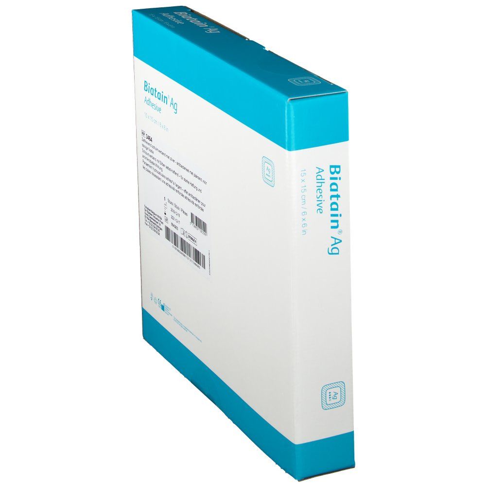 Vue latérale de l'emballage Biatain Ag Adhesive. Couleurs bleu et blanc. Informations textuelles.