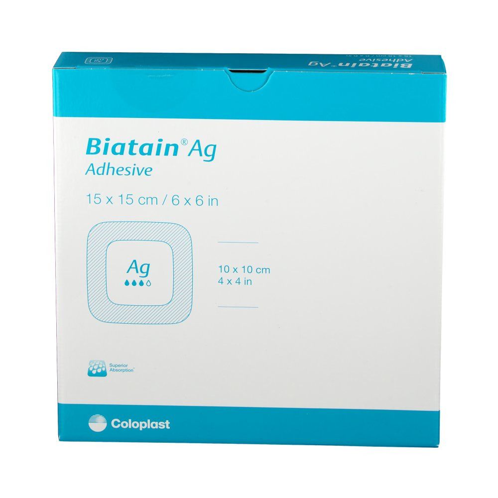 Vue de face de l'emballage Biatain Ag Adhesive. Design carré avec logo et indications de taille.