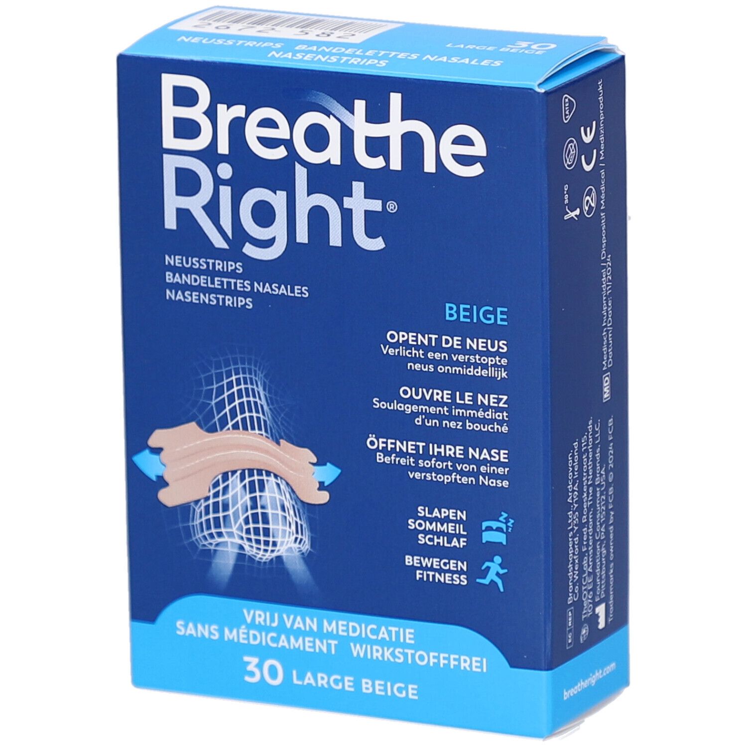 Boîte de Breathe Right beige. Contient 30 bandes nasales. Texte: Opent de neus, ouvre le nez, öffnet ihre Nase. Beige.