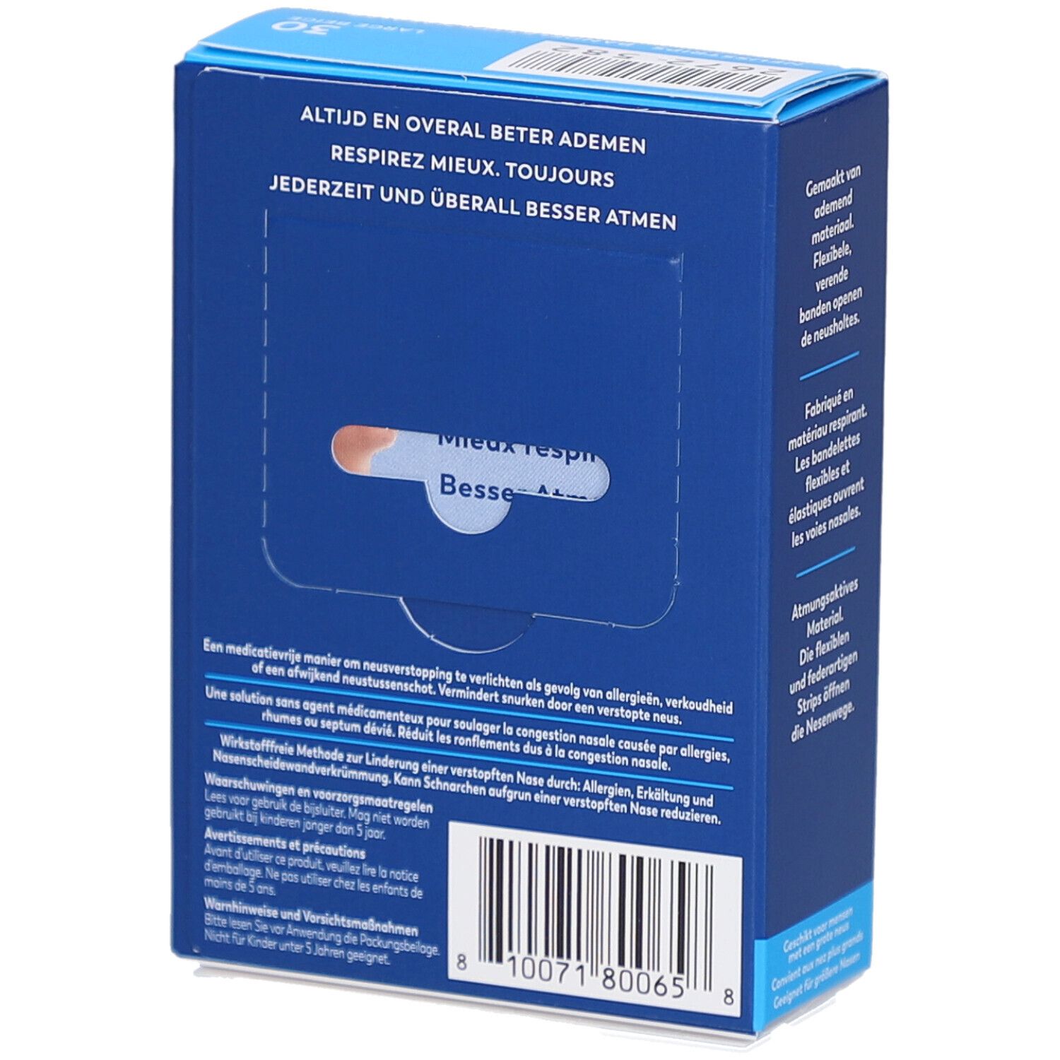 Dos de la boîte Breathe Right. Texte: Altijd en overal beter ademen, Respirez mieux. toujours, Jederzeit und überall besser atmen. Code-barres.