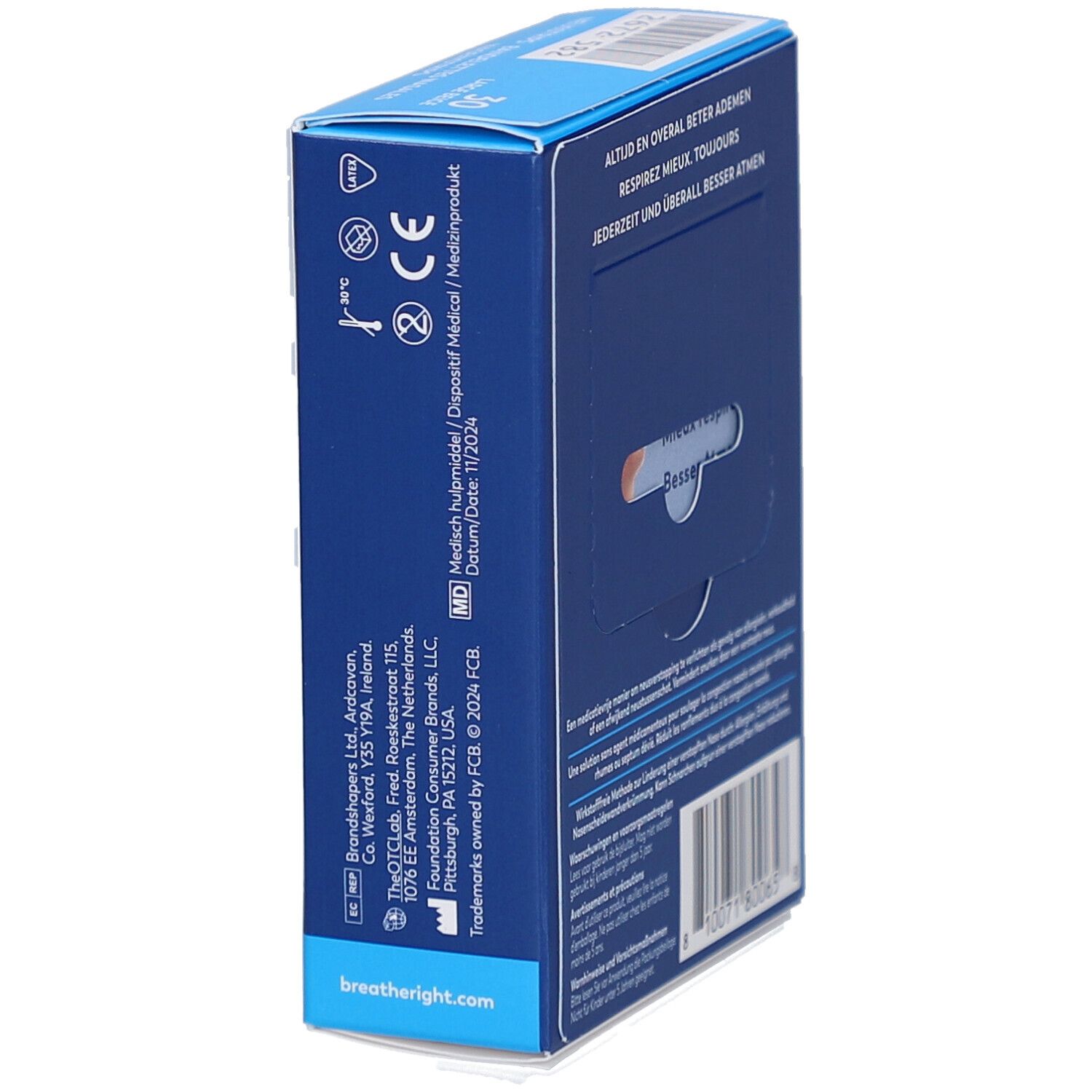 Côté de la boîte Breathe Right. Texte: Altijd en overal beter ademen, Respirez mieux. toujours, Jederzeit und überall besser atmen. Marque MD.