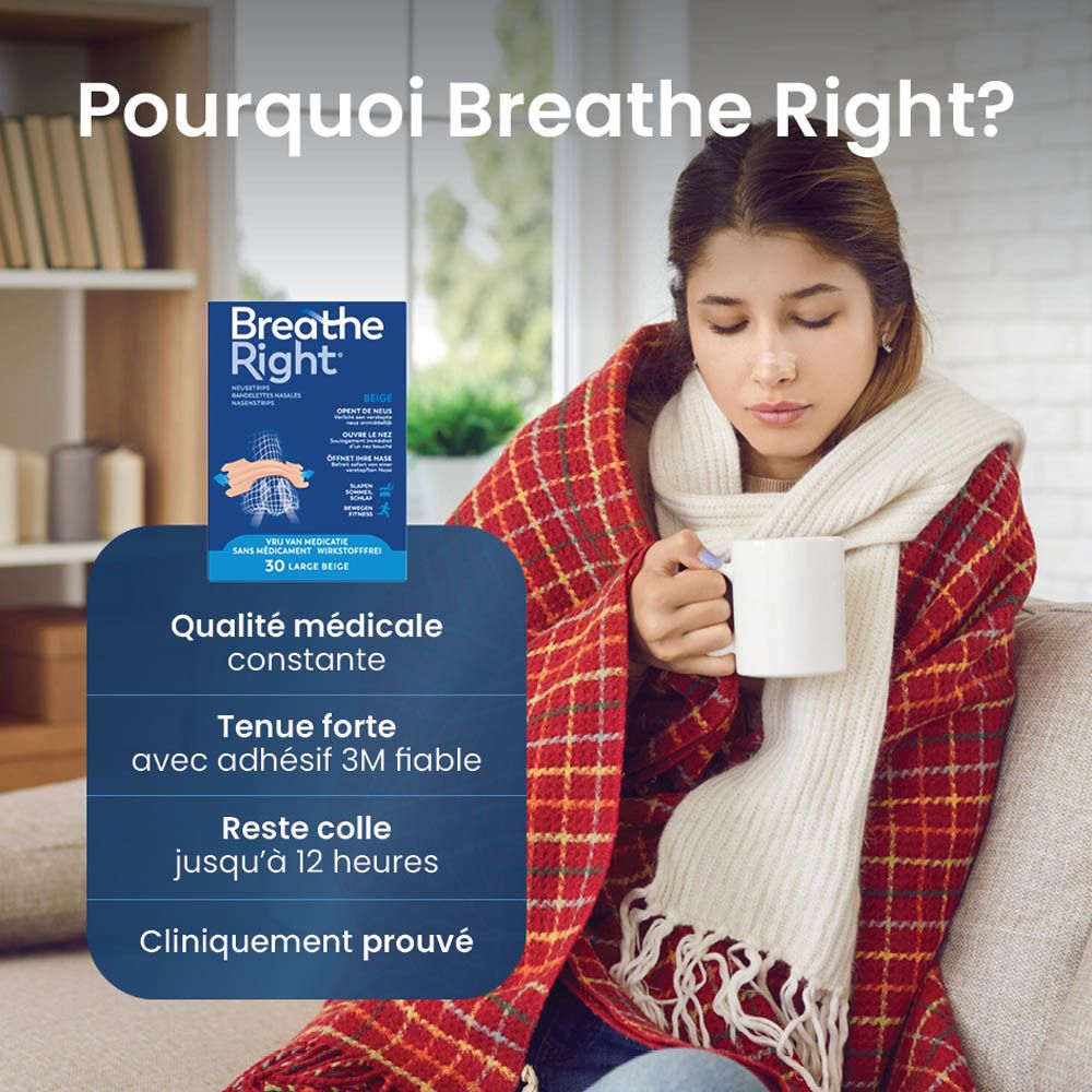 Femme avec couverture et tasse. Paquet Breathe Right. Texte en français. Qualité médicale.