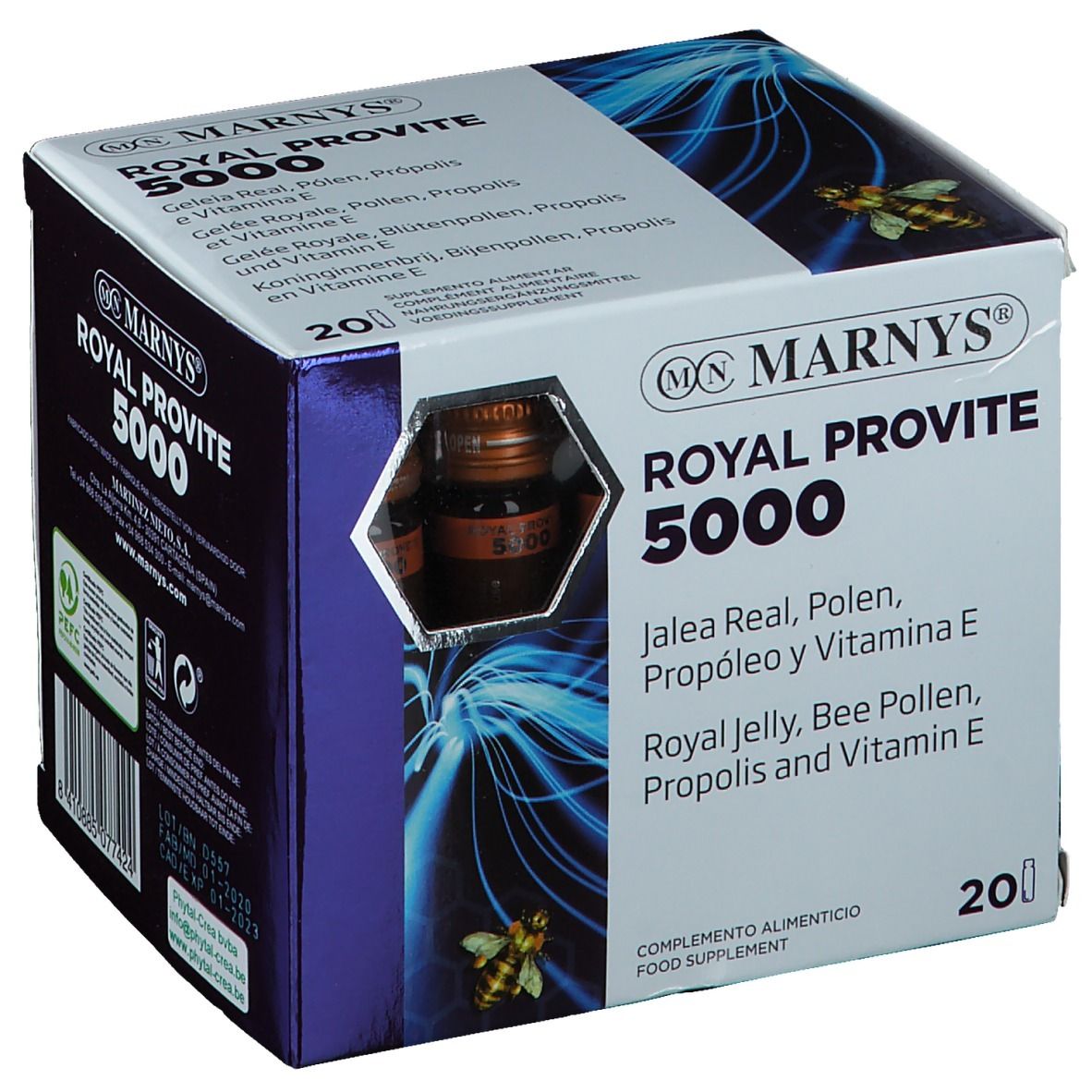 Boîte de Marnys Royal Provite 5000. Contient 20 flacons. Visible : Gelée royale, pollen, propolis, vitamine E.