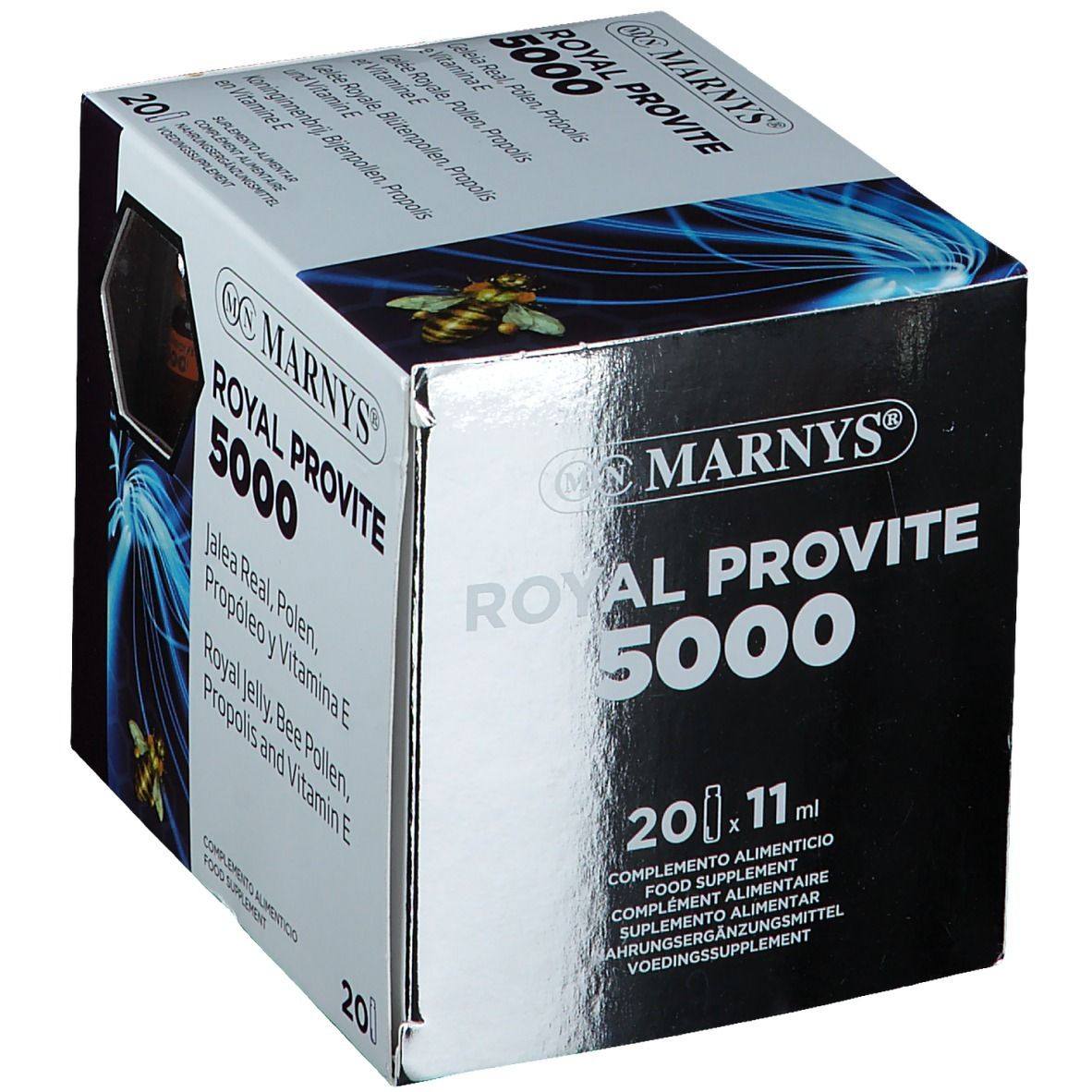Boîte de Marnys Royal Provite 5000. Contient 20 flacons. Nom du produit et ingrédients visibles.