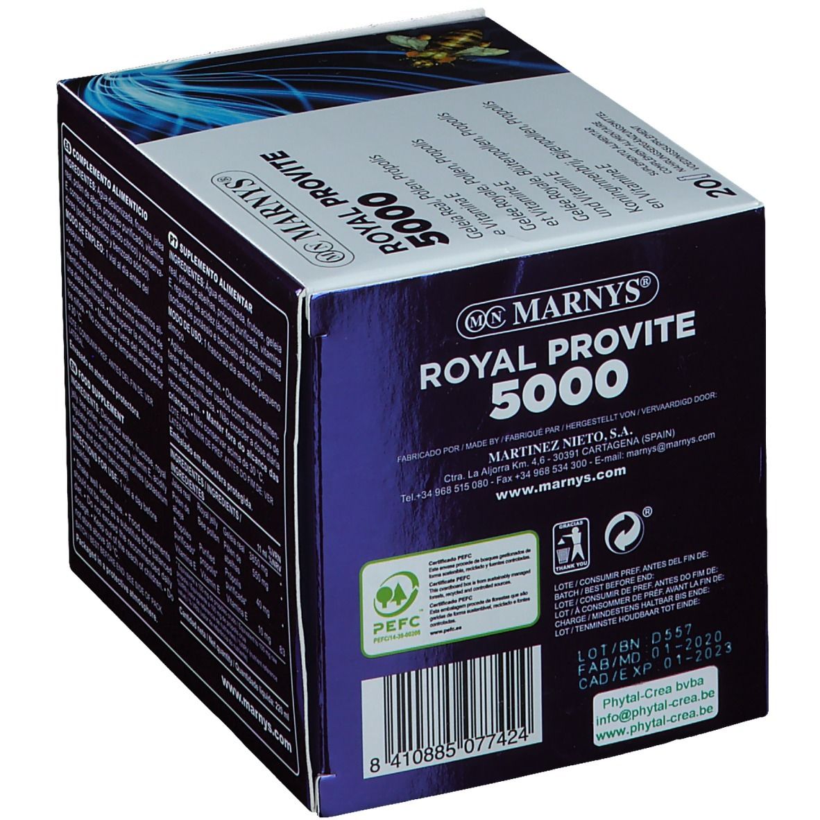 Emballage de Marnys Royal Provite 5000. Contient des informations telles que le fabricant, le numéro de lot et les certifications.