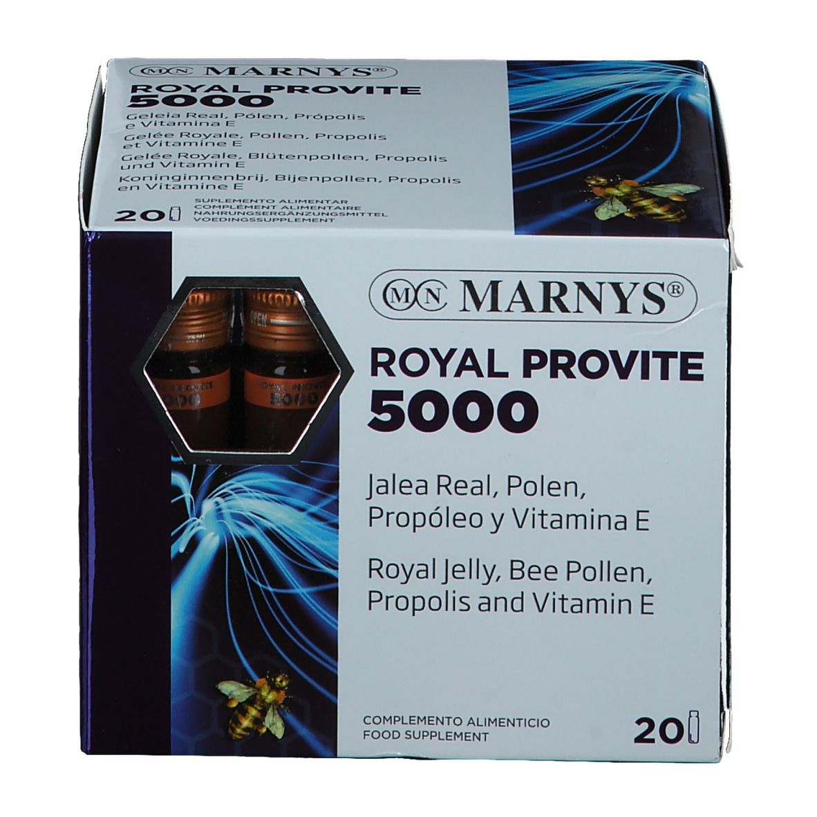 Boîte de Marnys Royal Provite 5000. 20 flacons visibles. Nom du produit et ingrédients visibles.