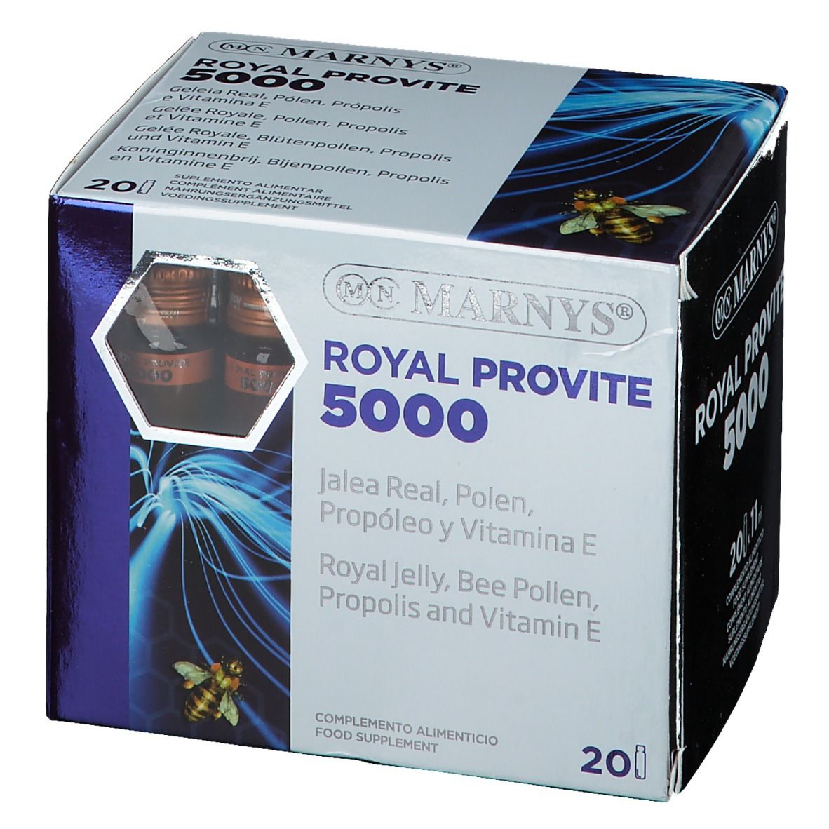 Boîte de Marnys Royal Provite 5000. 20 flacons visibles. Nom du produit et ingrédients visibles.