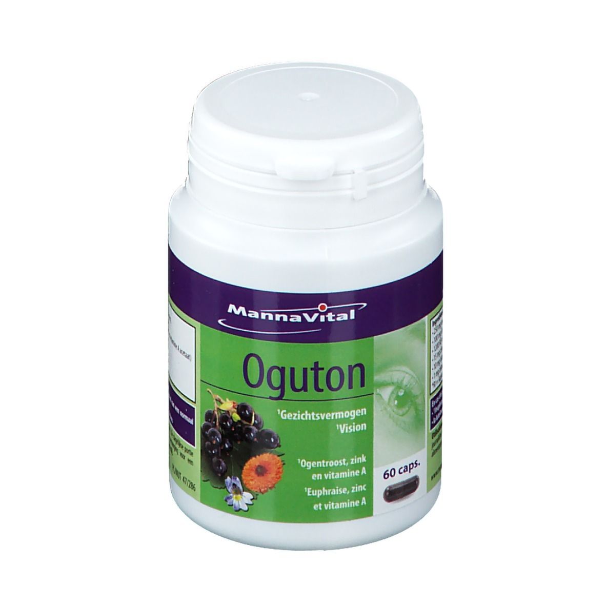 Flacon blanc avec étiquettes violettes et vertes. Inscription: MannaVital Oguton. 60 capsules. Illustration de baies et de fleurs.