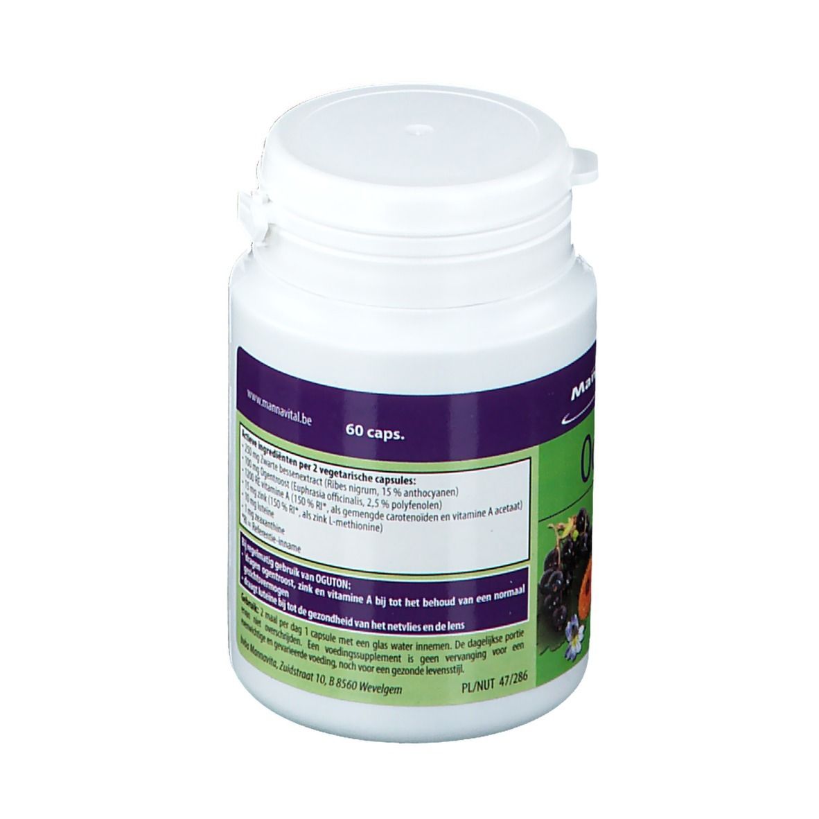 Flacon blanc avec étiquettes violettes et vertes. Dos avec ingrédients. 60 capsules. Illustration de baies et de fleurs.