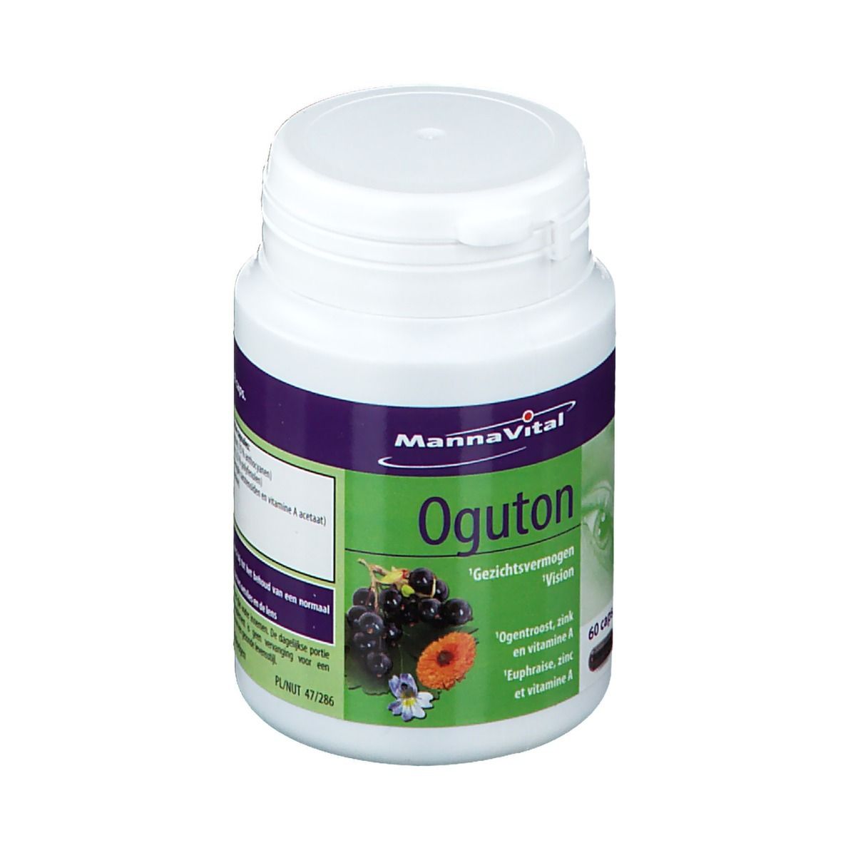 Flacon blanc avec étiquettes violettes et vertes. Inscription: MannaVital Oguton. 60 capsules. Illustration de baies et de fleurs.