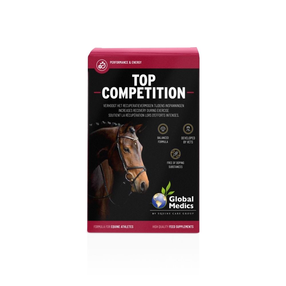 Emballage pour poudre Top-Competition Chevaux avec illustration de tête de cheval et logo Global Medics.