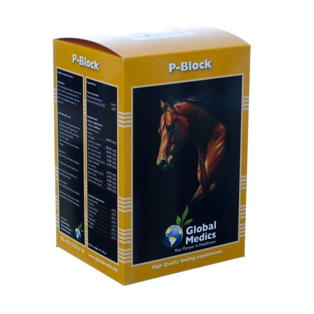 Emballage P-Block avec illustration de tête de cheval et logo Global Medics.
