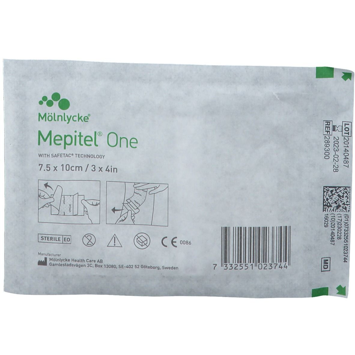 Mepitel One, pansement stérile 7,5 cm x 10 cm. Emballage avec informations produit, numéro de lot et marquage CE.