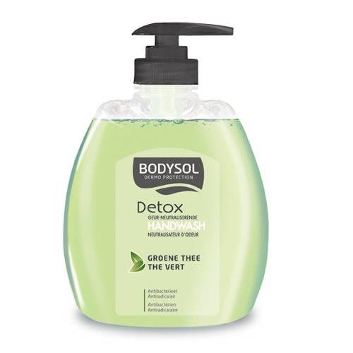 Savon liquide vert avec pompe. Inscription: Bodysol Detox Handwash. Contient du thé vert. Antibactérien.