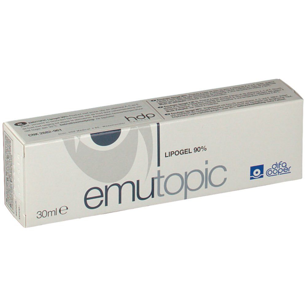 Boîte de emutopic® Lipogel 90%. Blanche, texte bleu. Contient 30ml. Marque : difa cooper.