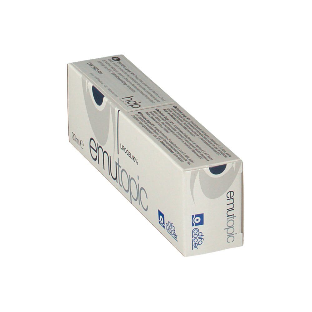 Boîte emutopic® Lipogel 90% en biais. Blanc, texte bleu. Marque : difa cooper.