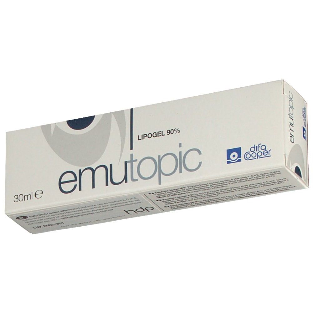 Boîte emutopic® Lipogel 90%. Blanc, texte bleu. Marque : difa cooper. Contient 30ml.