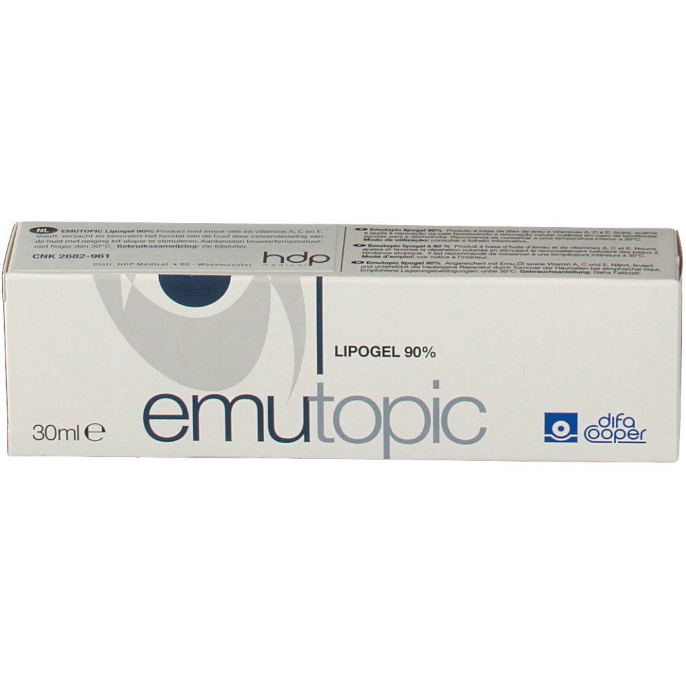 Boîte emutopic® Lipogel 90%. Blanc, texte bleu. Contient 30ml. Marque : difa cooper.