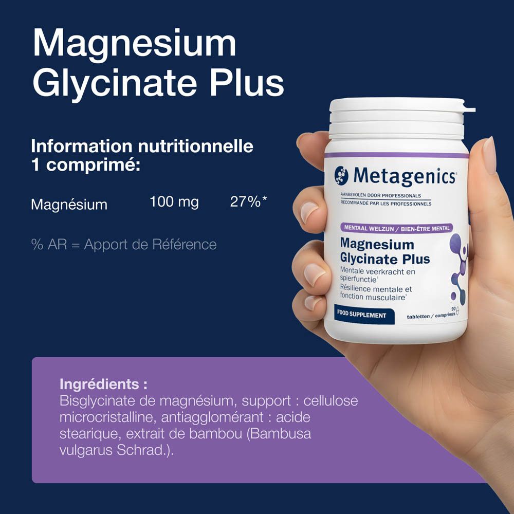 Flacon blanc de Magnesium Glycinate Plus. Marque Metagenics. Texte en français.