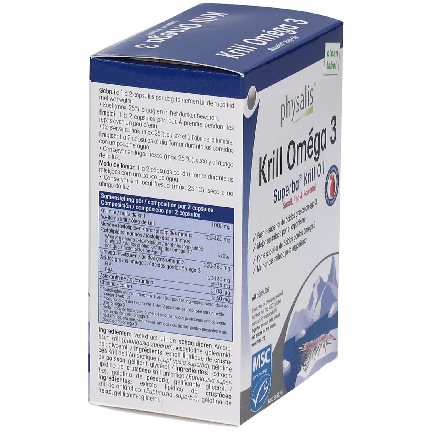 Boîte "Krill Omega 3" avec informations nutritionnelles et mode d'emploi. Certification MSC. Inscription : "Small, Red & Powerful".