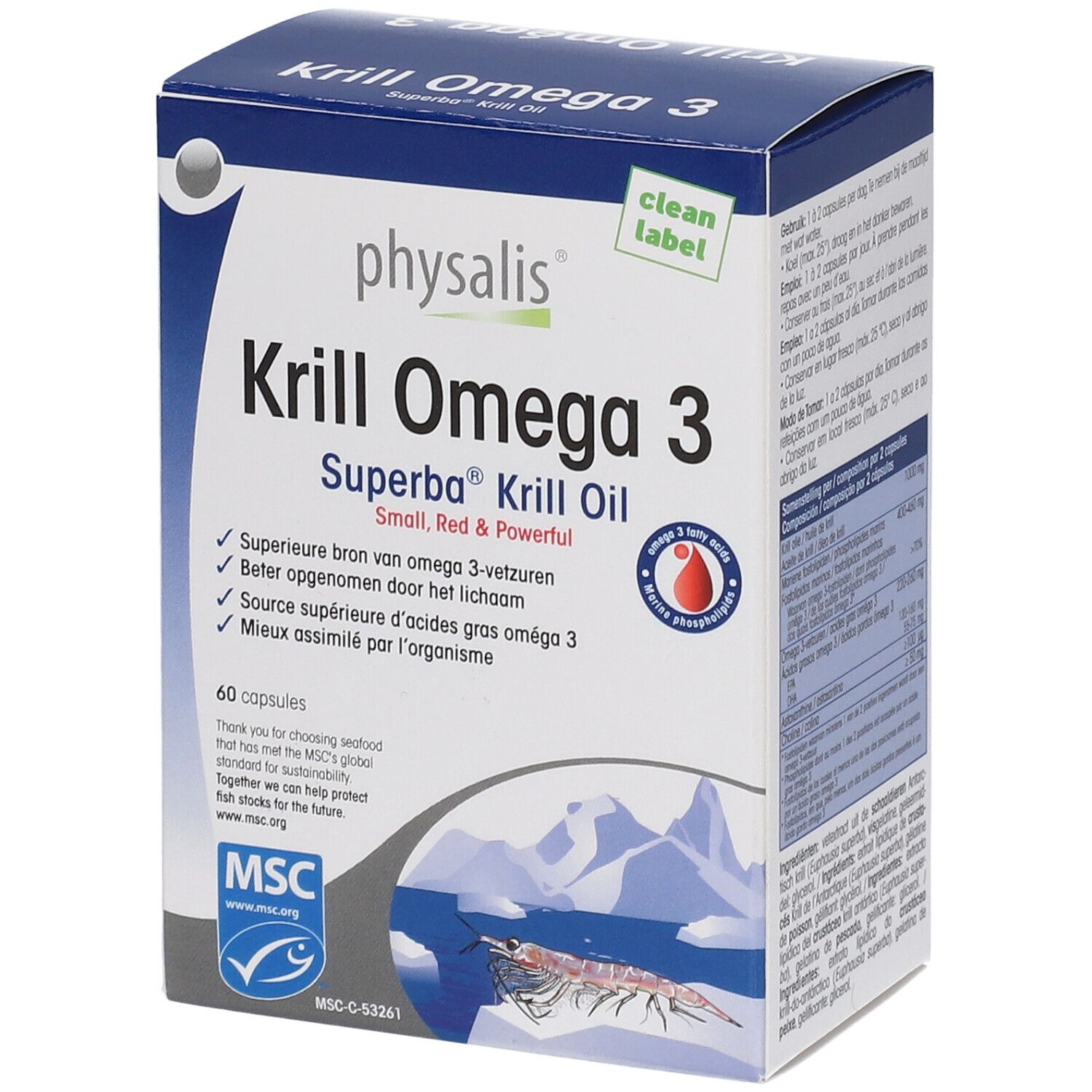 Boîte bleue et blanche "Krill Omega 3". Contient 60 capsules. Certification MSC. Inscription : "Small, Red & Powerful".