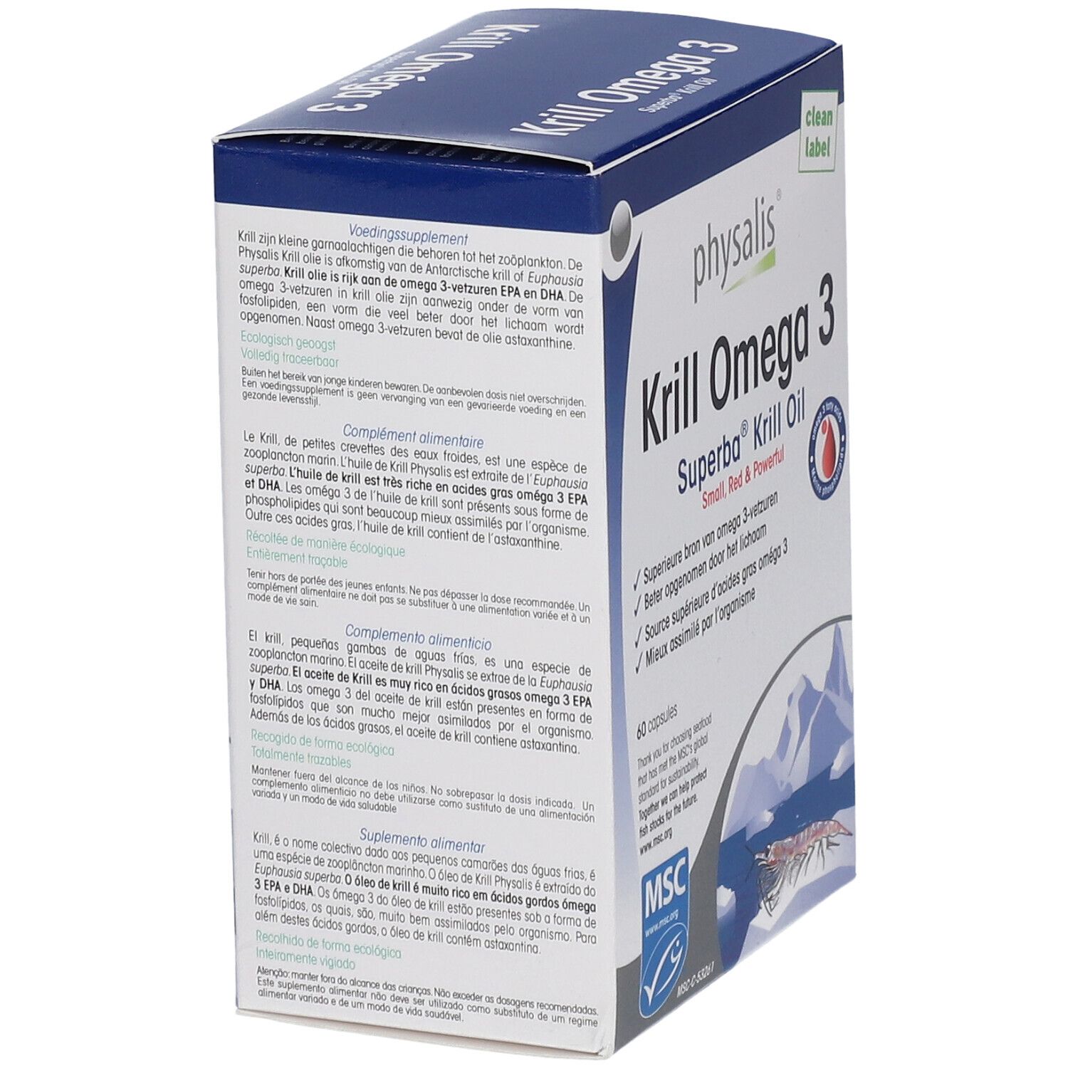 Boîte "Krill Omega 3" avec informations nutritionnelles. Certification MSC. Inscription : "Small, Red & Powerful".