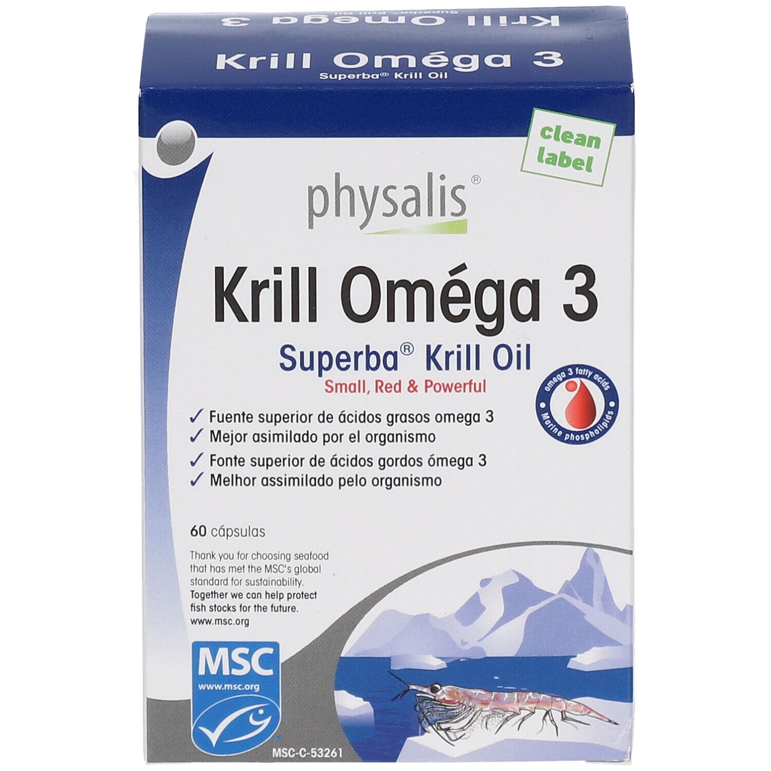 Boîte bleue et blanche "Krill Omega 3". Contient 60 capsules. Certification MSC. Inscription : "Small, Red & Powerful".